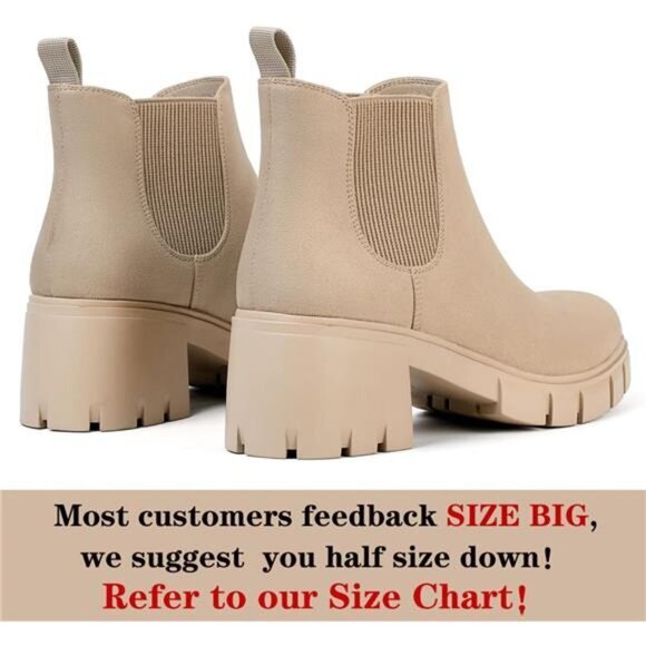 Women's Chelsea Boots - Comfortable Lug Sole Slip-On Ankle‎ Booties, Nude - Picture 4 of 7